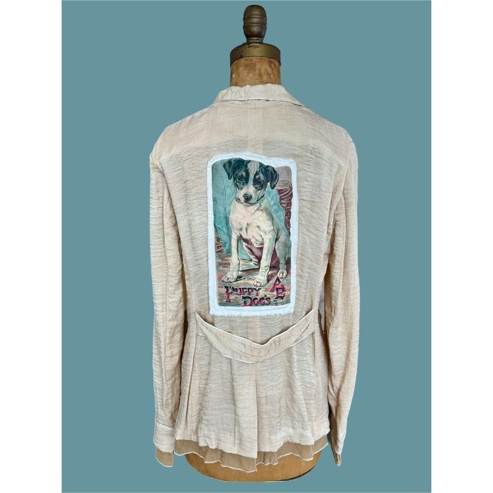 Boho Romantic Blazer Jacket L Vintage Artwork Puppy Patch Cottagecore style